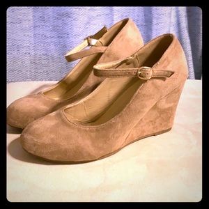 Suede tan Mary Jane style wedges